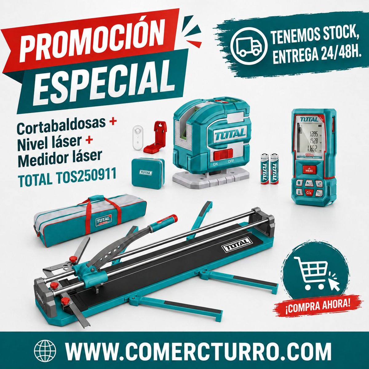 comercturro's tweet photo. 🚨 PROMOCIÓN ESPECIAL TOTAL 🚨
Kit TOTAL TOS250911 con:
✔️ Cortabaldosas 1200 mm
✔️ Nivel láser 360°
✔️ Medidor láser 100 m
📦 Tenemos stock 🚚 Entrega 24/48 h
👉 https://t.co/Dl9iLBxMeF
#TOTALTools #Herramientas #Construcción #Reformas #Ferretería https://t.co/UKrhv4cC5F