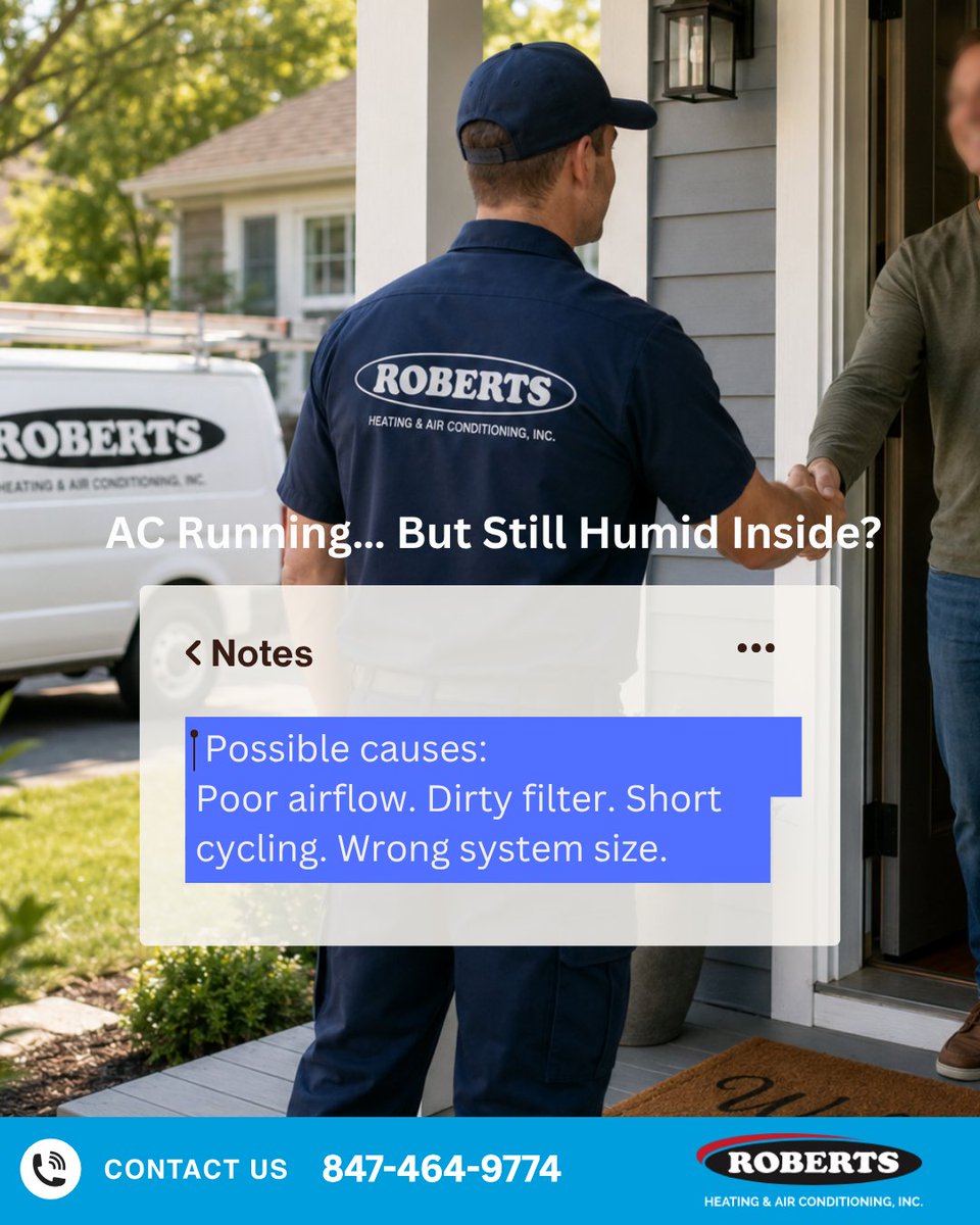 RobertsHeatAir's tweet photo. Why Does Your House Still Feel Humid? The issue could be airflow, system performance, or sizing. If the air feels sticky even when the temperature looks right, it’s worth having your system checked. Contact us! ☎️ 847-464-9774. https://t.co/ih80hh4z6M