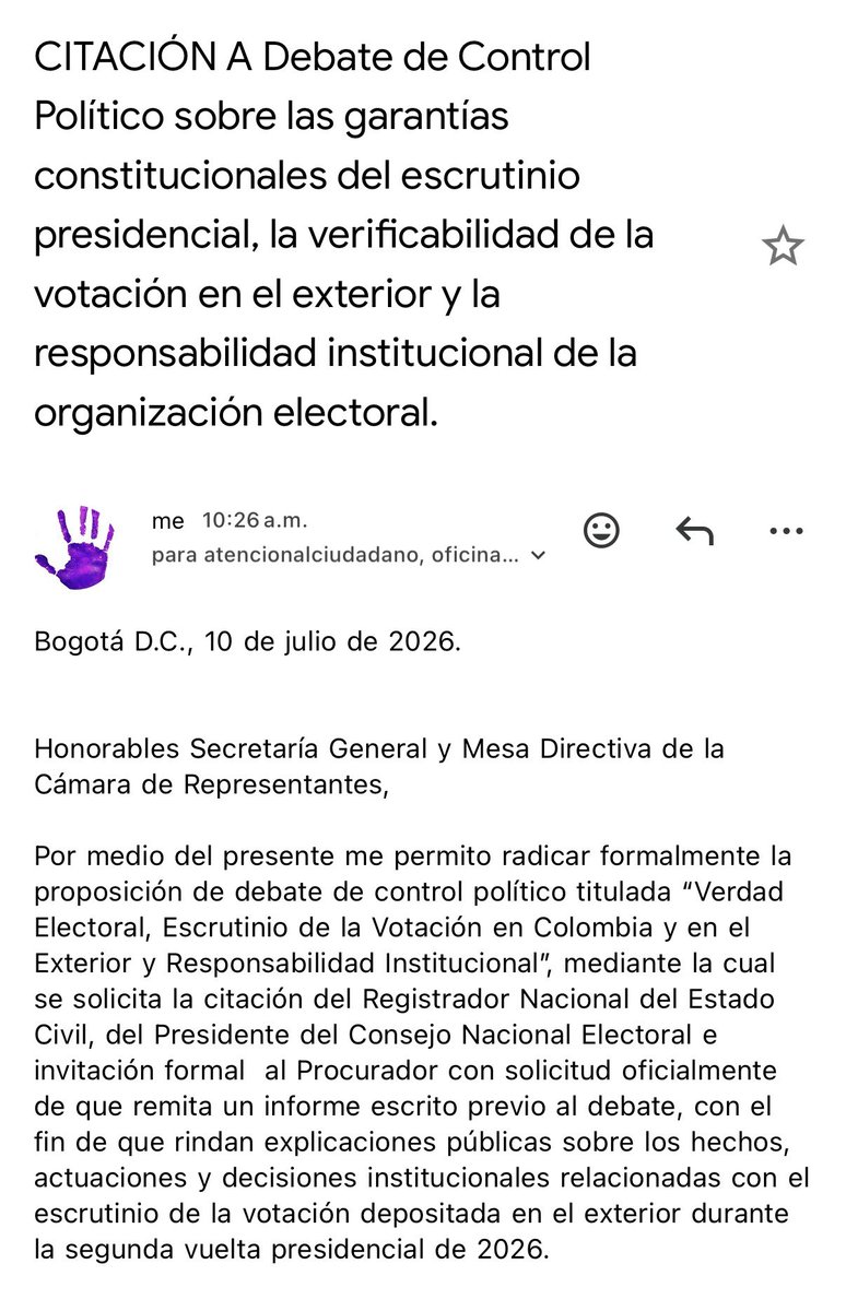 tamaraargote's tweet photo. 🚨🚨 Hoy radicamos citación a Debate de Control Político sobre las garantías constitucionales del escrutinio presidencial, la verificabilidad de la votación en el exterior y la responsabilidad institucional de la organización electoral. 

La democracia se protege con procedimientos transparentes, auditables y verificables.

Este Debate reúne fundamentos constitucionales para la revisión de denuncias, alertas e interrogantes que exigen explicación pública por parte del Registrador Nacional del Estado Civil @Registraduria , de las y los Magistrados del Consejo Nacional Electoral @CNE_COLOMBIA y del Procurador General de la Nación @PGN_COL  

El Congreso tiene el deber de ejercer control político cuando existen dudas objetivas sobre el cumplimiento de las garantías que protegen la verdad electoral. La ciudadanía tiene derecho a conocer las respuestas y verificarlas.
