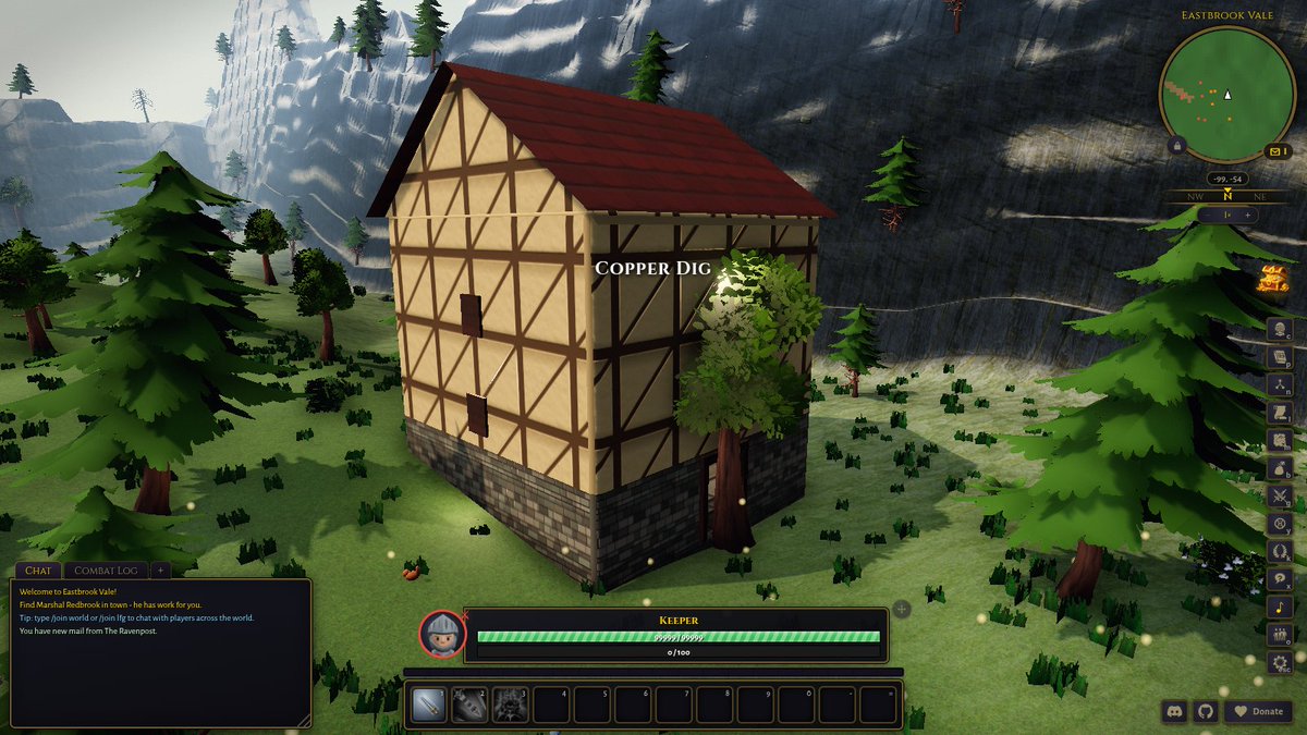 WoClaudecraft's tweet photo. Work in progress: buildings you can walk up to and step inside. This is Copper Dig in Eastbrook Vale, two floors, with a hall and a chest waiting in the corner. Early and unfinished, but the door already opens. We are building it in the open. https://t.co/pTOyO1HvQq