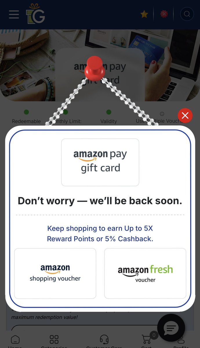 TheCardAlpha's tweet photo. “Don’t worry — we’ll be back soon.”

It’s been forever! Still can’t get Amazon Pay Gift Cards through SmartBuy or PayZapp. The wait is real. 🛑💳

#HDFCBank #PayZapp #SmartBuy #AmazonPay #Gyftr #StillNotAvailable #CreditCardsIndia #ccgeeks https://t.co/hry5gsx2F9