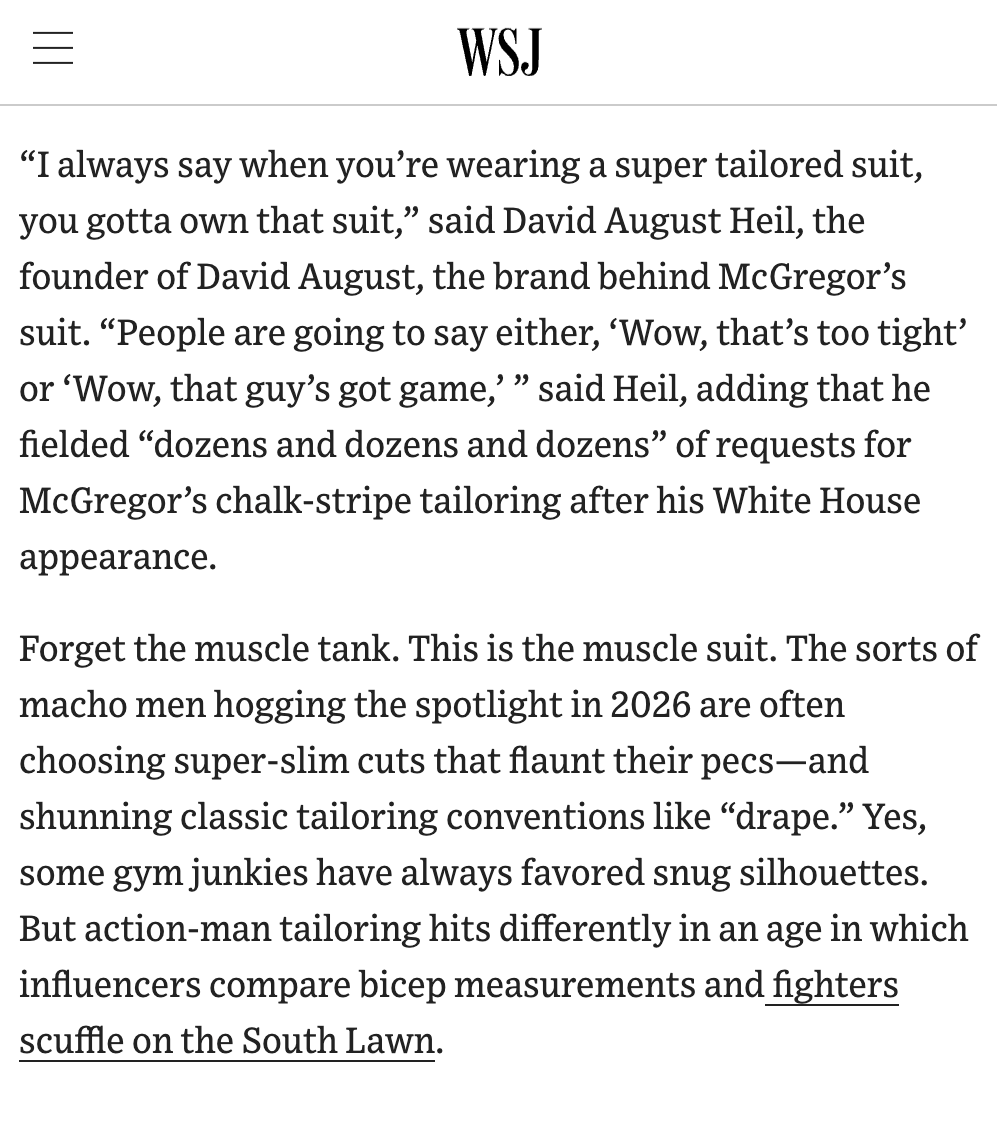 dieworkwear's tweet photo. Tailoring quality aside, it's interesting to see how the skin-tight suit went from being coded as metrosexual in the early 2000s (gay, European, twee) to hyper masculine today (warrior, bodybuilder, macho). The transition is inextricable from the fact that most customers don't know much about tailoring and they're buying clothes from MTM operations run by businesspeople who, similarly, don't know much about tailoring. Not a single real tailor in the process.