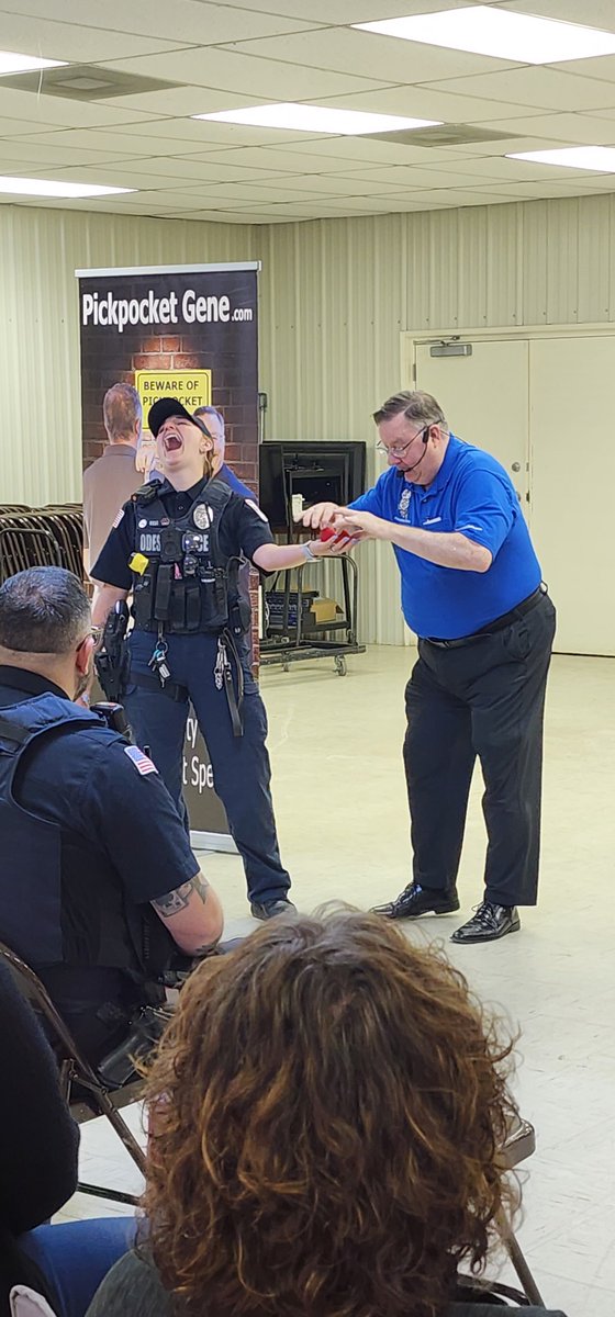 PickpocketGene's tweet photo. Had a great time presenting my Teamwork keynote for the City of Odessa, MO! Great volunteers helped illustrate teamwork, communication, perspective, and taking action. Even the K-9 officer's partner got in on the fun—one look from the handler, and the ball stayed put. https://t.co/qdka5M1EWZ