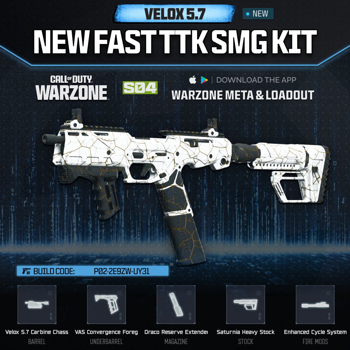 WZStatsGG's tweet photo. ‼️🚨 NEW FAST TTK SMG KIT IN WARZONE 🚨‼️

🆕 The new VELOX 5.7 CARBINE CHASIS has a very fast TTK in #Warzone! 💥

📊 Body TTK: 567ms up to 12 meters! 💥
💀 504ms TTK with ONLY 1 Headshot needed! 🤯

Even if it kills fast it's not worth using over mosts SMGs due to the small mag