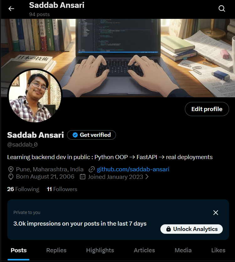saddab_0's tweet photo. 9 days, 10 posts daily, 11 followers.

It's the night of Day 10, and this was the start: ~100 total posts and 3000+ impressions in the last 7 days.

A huge thanks to everyone who followed me, talked with me and helped me around - Thanks guys!

Hitting harder tomorrow! Let's go! https://t.co/JdjKE8RNns