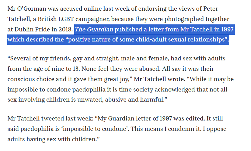 JackBMontgomery's tweet photo. As Peter Tatchell jeers the great Ann Widdecombe as a "BIGOT!" following her possible murder, a reminder of what he wrote about "child-adult sexual relationships" in a letter to The Guardian in 1997 (in 2001 it published another Tatchell letter calling for the age of consent to be lowered to 14):