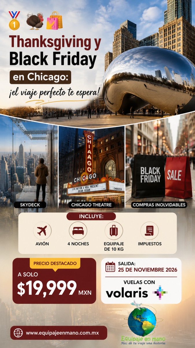 EquipajeEn's tweet photo. Advertencia: ⚠️ Ver las siguientes promociones puede provocar unas enormes ganas de hacer las maletas. 

🧳✈️ ¡Aquí van 4 recomendaciones de hoy!

☎ Llámanos al 55 7495 7381

📲 WhatsApp. 👉🏻 https://t.co/BvRFOQeMcM

 ¡PAGAS LO QUE VES!

#equipajeenmano #chicago #taiwan #Turquía https://t.co/2QjdQnA6cz