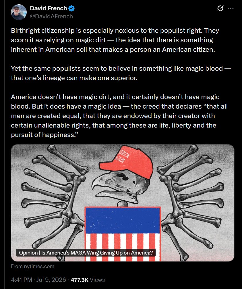CovfefeAnon's tweet photo. It's bad to give attention to stupid liars like David French but his attempt to meme the phrase "magic blood" is a great demonstration of the cargo-cult thinking on the left that leads to a "search for a thought-terminating cliche"

"Magic dirt" rhetorically wounds them because it exposes the stupidity of the trick they're trying to play - that by simply declaring people "American" that you meaningfully change those people. This wound causes them to search for a counter-cliche to dismiss it

"Magic blood" is his attempt at this but it plainly fails because every person alive has an instinctive understanding of the importance of heredity - their encapsulated, bounded thinking that merely tries to stay in tune with the progressive egregore - that thinks of nothing other than "how do I conform to the beliefs of a 'Good Person'" has a lot of trouble with this idea because it has to reconcile

Children are like parents in appearance and temperament and capability

Somehow this stops being true when you are dealing with groups

I guess they square this by... pretending there are no group differences? Which is actually absurd and something literally no one believes and no one has ever believed - not even leftists like this guy but it serves as a patch - a way of avoiding thinking about the extremely obvious implications of other things he believes

Leftism constantly requires absurd levels of mental handicapping like this - inserting absurd falsehoods to avoid thinking about the consequences of other falsehoods - those falsehoods are then abandoned in other contexts which demonstrate that they don't actually "believe" them - to the extent that they can be said to believe *anything* outside of "I am a Good Person for having Correct Beliefs"