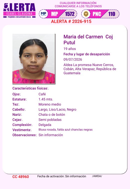 SCSPGT's tweet photo. ¡Ayúdanos a encontrar mujeres desaparecidas en Guatemala! 🚨

Si tienes alguna información, comunícate al 1572 y 110. ☎️ https://t.co/sLXQQfLw0v