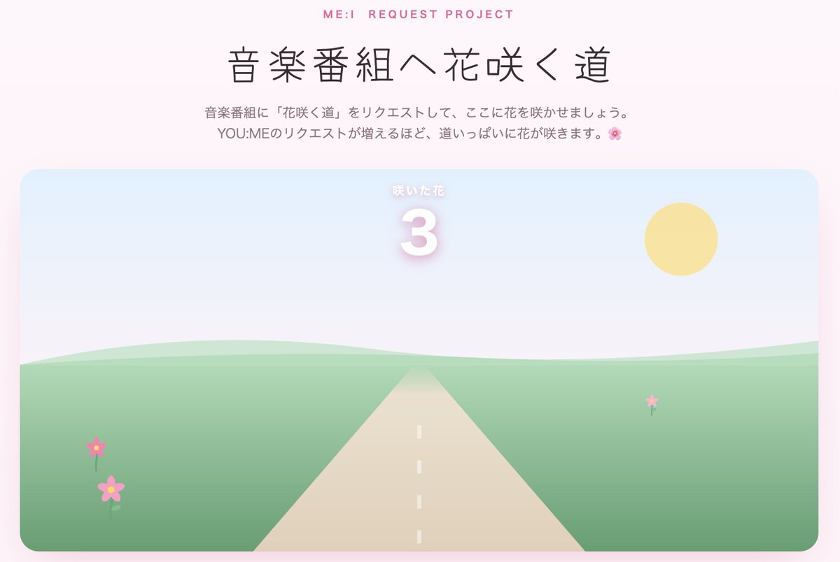 alpha137youme's tweet photo. 『花咲く道』をMステ・CDTV・STARで観るために！リクエストするたびに花が咲き、ME:Iちゃんが歩く美しい花道を完成させる特設サイトを作りました✨  https://t.co/gk5W3M9533　#音楽番組へ花咲く道
今はまだ3本しか咲いていません…！みんなの力で満開にしませんか？🥺🌸  
1️⃣番組へリクエスト送る 
2️⃣お名前入力 
3️⃣花が咲く🌷