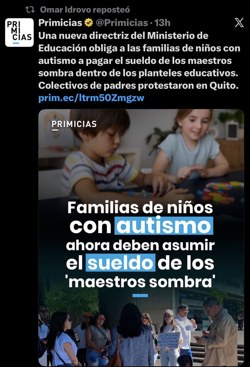 MLuzarragaEc's tweet photo. Dos decisiones del Ministerio de Educación retratan con claridad el orden de sus prioridades.

Por un lado, se destinan 600 mil dólares para pasajes aéreos nacionales e internacionales.

Por otro, se oficializa que las familias de estudiantes con autismo deberán asumir el costo de los maestros sombra, trasladando a los hogares una responsabilidad que debería garantizar el Estado para hacer efectivo el derecho a una educación inclusiva.

Mientras miles de niños y adolescentes enfrentan rezago educativo, abandono escolar, infraestructura deficiente, falta de laboratorios, escasez de recursos pedagógicos y necesidades de apoyo especializado, las prioridades parecen estar en otra parte. 

Las prioridades de un gobierno no se anuncian en los discursos; se reflejan en sus decisiones y en cómo distribuye los recursos públicos. 

@Educacion_Ec @GildaAlcivarOk
