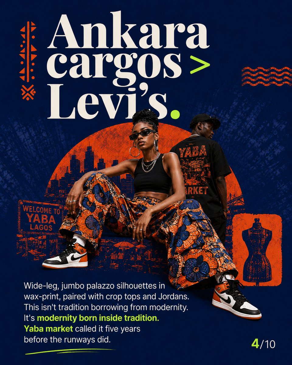 9JANEXT's tweet photo. 1/3 Milan may set the runway calendar, but Lagos is already setting the moodboard. Agbada is getting lighter and more unisex. Ankara is moving into cargos. Adire keeps travelling. By 2031, Naija streetwear could be one of our loudest cultural exports. #Naija2031 https://t.co/Ya9XnUq3J4