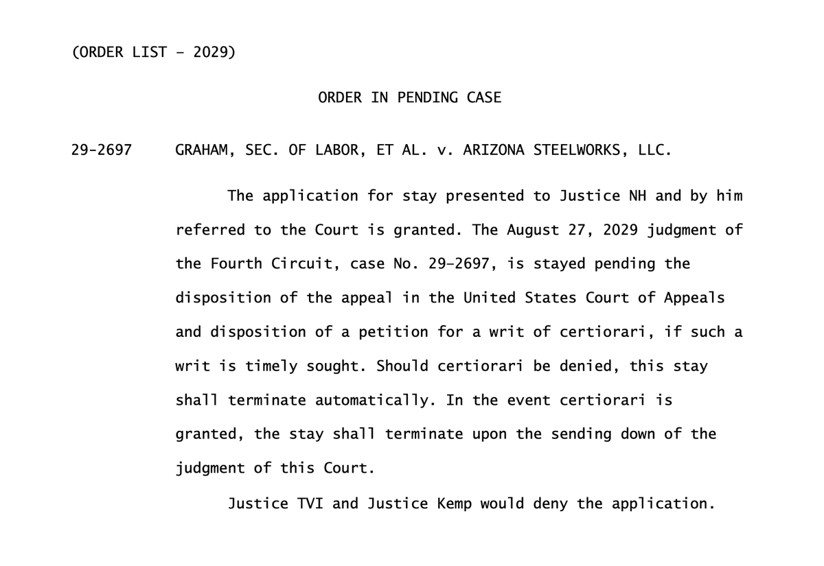 PoliSimCourts's tweet photo. By a 7-2 vote, the Supreme Court pauses a Fourth Circuit decision that had struck down the Occupational Health and Safety Administration's rulemaking powers. While the appeal continues, OSHA may operate as normal. Justices TVI and Kemp dissent. https://t.co/ye95NIuqUX