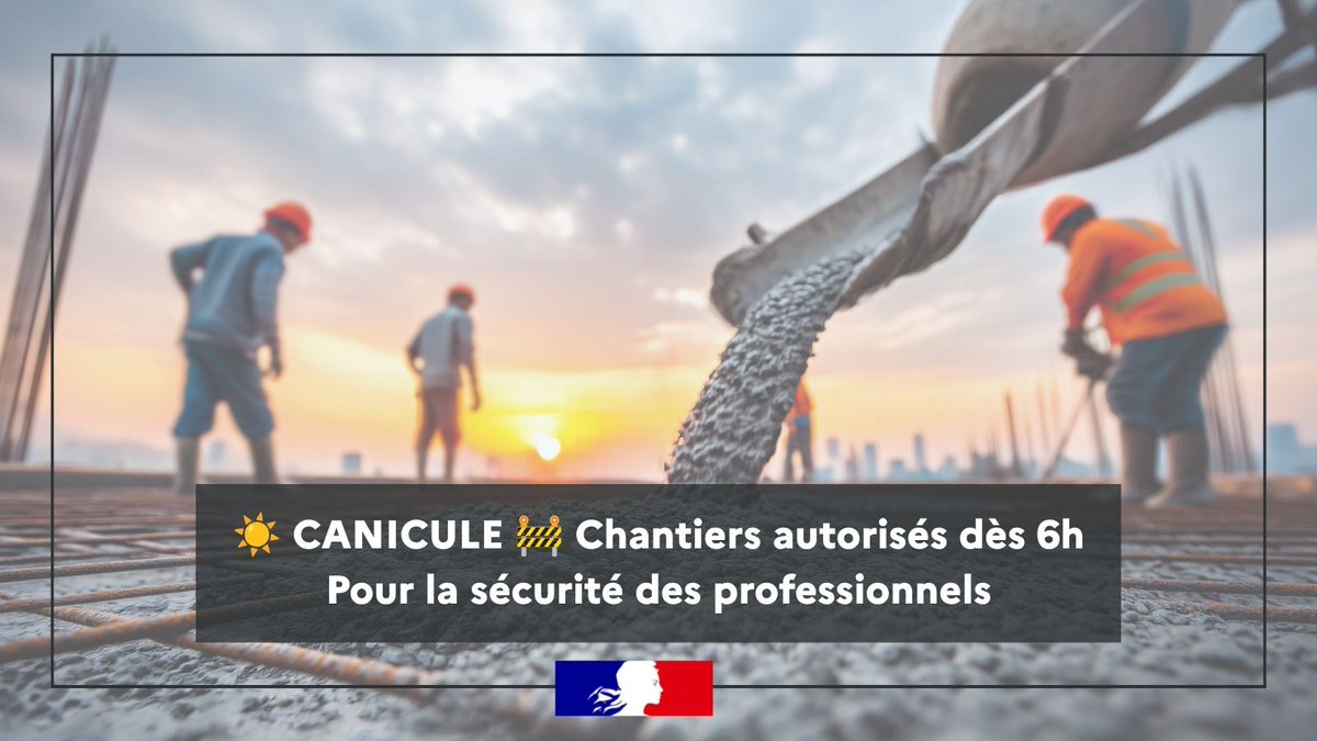 Prefet51's tweet photo. #Canicule I BTP et Paysagistes: Aménagement des horaires de travaux face à la canicule

Pour protéger la santé et assurer la sécurité des professionnels du bâtiment, des travaux publics et du secteur paysager exposés aux fortes chaleurs, le préfet Romain Royet a pris un arrêté dérogeant temporairement à la réglementation sur les bruits de voisinage.

👷‍♂️🚜 Ce qui change :
- Démarrage anticipé : Les travaux susceptibles de générer des bruits de voisinage sont exceptionnellement autorisés dès 6 heures du matin.
- Période d'application : Cette dérogation s'applique jusqu'au 15 septembre 2026, uniquement lorsque le département est placé en vigilance orange ou rouge canicule.

🤝 Un engagement de responsabilité partagée : Pour préserver la tranquillité des riverains, les entreprises bénéficiaires s'engagent à :
- Limiter les opérations bruyantes au strict nécessaire sur cette plage horaire matinale.
- Informer préalablement les habitants à proximité des chantiers.
- Réduire l’usage des avertisseurs sonores au strict minimum requis pour la sécurité des personnels.

Merci pour votre compréhension et votre solidarité envers nos travailleurs extérieurs en cette période de canicule ! ☀️

➡️ https://t.co/6bK0l0pBSY

#Canicule #SécuritéAuTravail #BTP #Solidarité #Marne