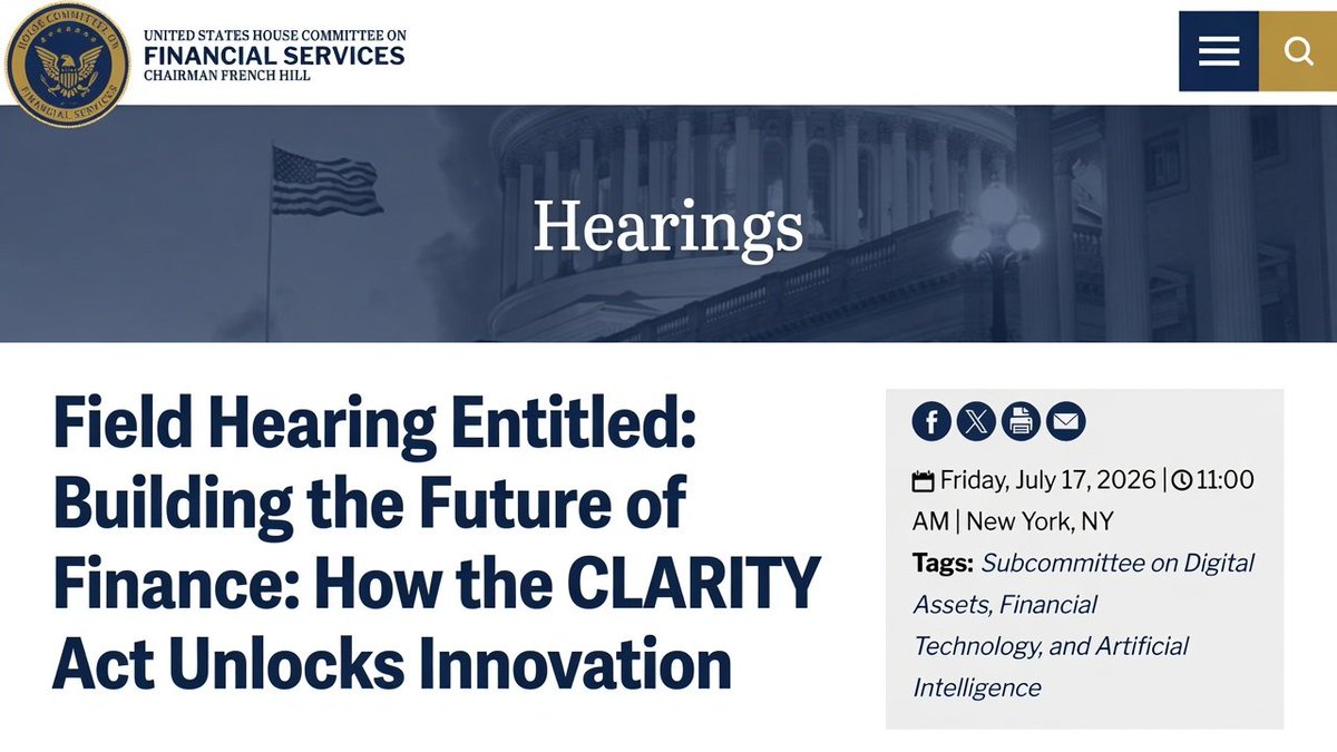 wilming_ton's tweet photo. 🚨🚨Next week is crucial!

July 13-17: The Senate may vote on the Clarity Act.

July 15: DTCC + Ripple Prime jointly launched.

July 17: House New York off-site hearing, topic: "How the Clarity Act Unlocks Innovation", discussing the impact of the Clarity Act. https://t.co/khPgghtnrd