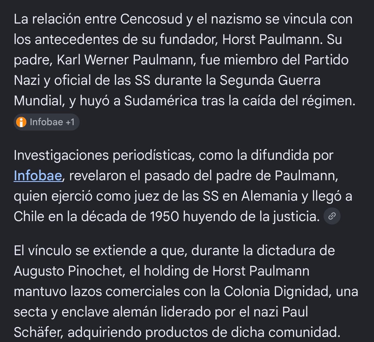Jess_sj's tweet photo. @yesbroccoli Y cuando se enteren que en Chile si estaban los nazis y al día de hoy tienen a una de las empresas más exitosas de la región fundada por un nazi, va a estar hermoso. https://t.co/1B675tnPpX