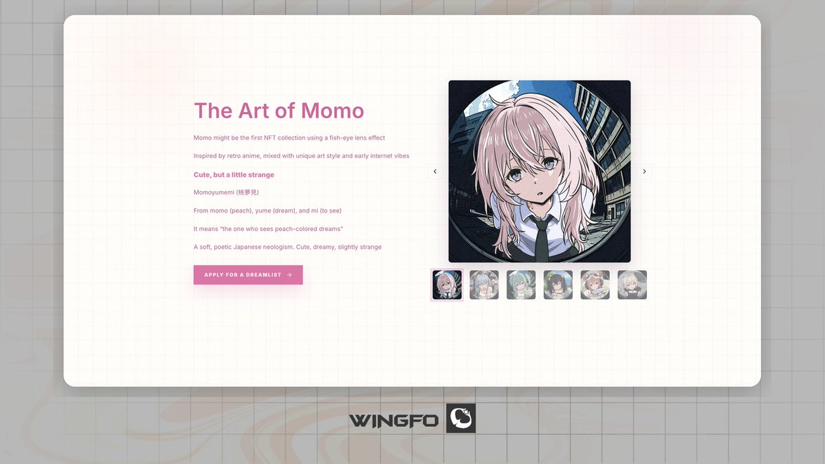 weingfo's tweet photo. This one deserves more attention.

@momoyumemi is a soft retro NFT art collection inspired by peach-colored dreams, internet nostalgia, and intimate dreamlike worlds.

Through cute characters, nostalgic visuals, and emotional storytelling, each artwork offers a glimpse into a personal and quietly surreal universe.

The project is created by @cutemikaasa, a game concept artist with 15+ years of experience and a BFA degree. Momo reflects years of artistic experience through its soft characters, dreamlike aesthetics, and distinctive visual identity.

Head of Partnerships:
• @tessonchain (Founder of Rare Bloom DAO)

Collection Details
• Supply: 4,444
• Chain: Ethereum
• Mint Price: TBA
• Launchpad: OpenSea

Website:
https://t.co/1Fpc1YBjFw

Discord:
https://t.co/trxy8DvkZk

Worth noting:
• 64+ smart followers tracked.
• Followed by NFT founders, artists, collectors, and researchers.
• Current WL opportunities are available through community giveaways and the Content Campaign.

WINGFO × Momoyumemi collab is coming soon on our Discord.

Stay tuned.