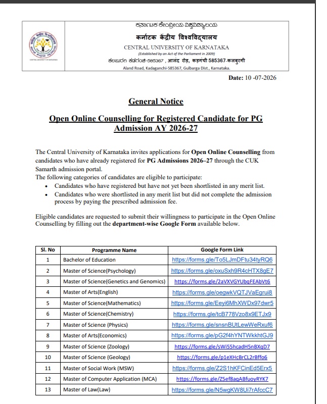 CuKarnataka's tweet photo. CUK Update.

Open Online Counselling for PG Admissions 2026–27

The Central University of Karnataka invites registered PG Admission 2026–27 applicants to participate in the Open Online Counselling.

More Details Please Visit : https://t.co/UMCqVfnxPS 

https://t.co/Mrich2DKSG https://t.co/LIIlfnTQ2Q