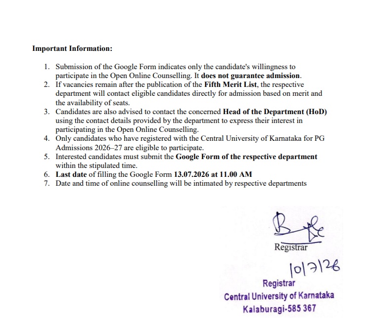 CuKarnataka's tweet photo. CUK Update.

Open Online Counselling for PG Admissions 2026–27

The Central University of Karnataka invites registered PG Admission 2026–27 applicants to participate in the Open Online Counselling.

More Details Please Visit : https://t.co/UMCqVfnxPS 

https://t.co/Mrich2DKSG https://t.co/LIIlfnTQ2Q