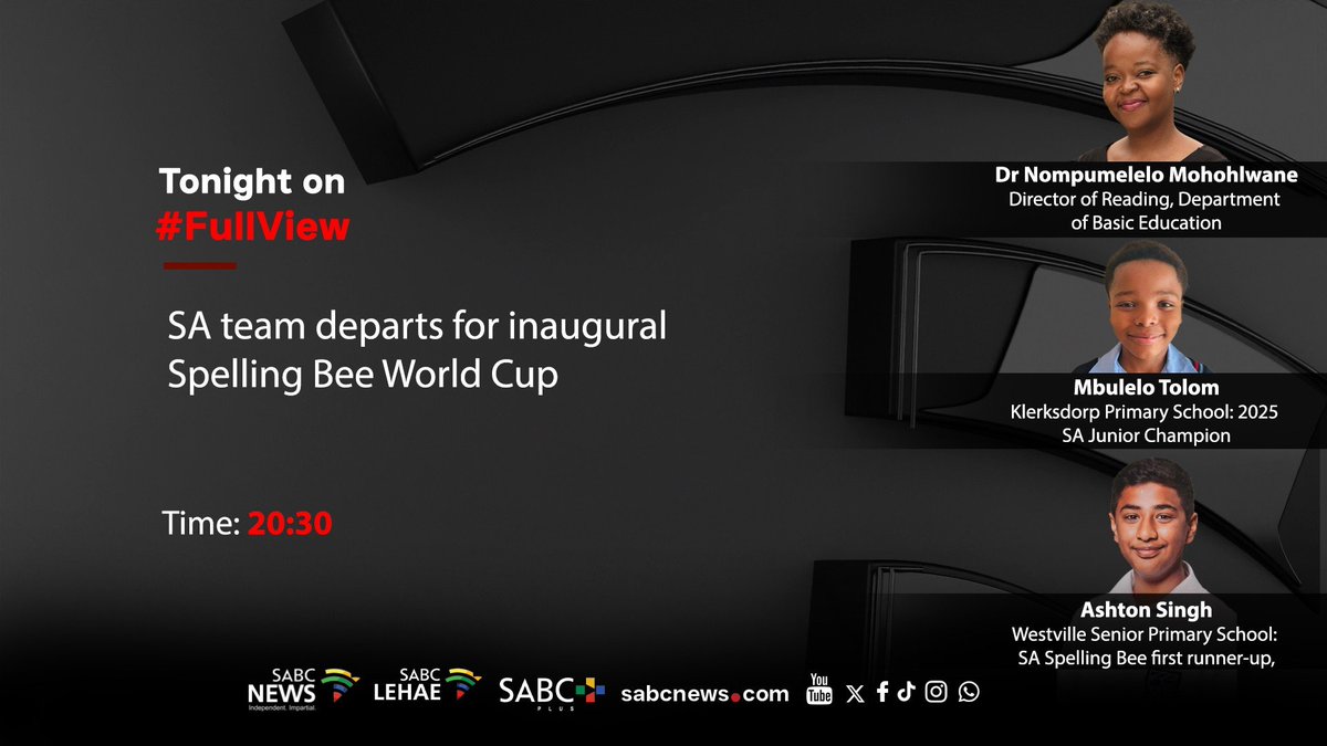 SABCNews_TV's tweet photo. [STILL TO COME] On #FullView Dr Nompumelelo Mohohlwane, Mbulelo Tolom, Ashton Singh, SA team departs for inaugural Spelling Bee World Cup. #SABCNews https://t.co/4ZcA4Mq7PK