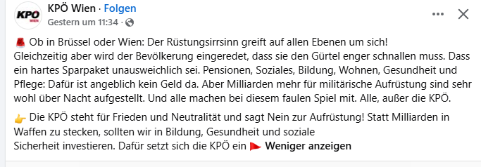 DietmarPichler1's tweet photo. Abgesehen von dem Populismus, der bei der KPÖ immer intensiver wird in letzter Zeit, ist unsere Neutralität wehrhaft definiert und verlangt tendenziell sogar einen höheren Rüstungsetat als wenn wir in einem Bündnis wären. https://t.co/DlBtbO44fn
