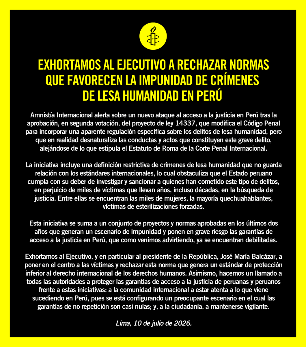amnistiaperu's tweet photo. Alertamos sobre un nuevo ataque al acceso a la justicia en Perú tras la aprobación, en segunda votación, del proyecto de ley 14337 que incluye una definición restrictiva de crímenes de lesa humanidad que no guarda relación con estándares internacionales. (1/2) https://t.co/rRX3hMu9oR