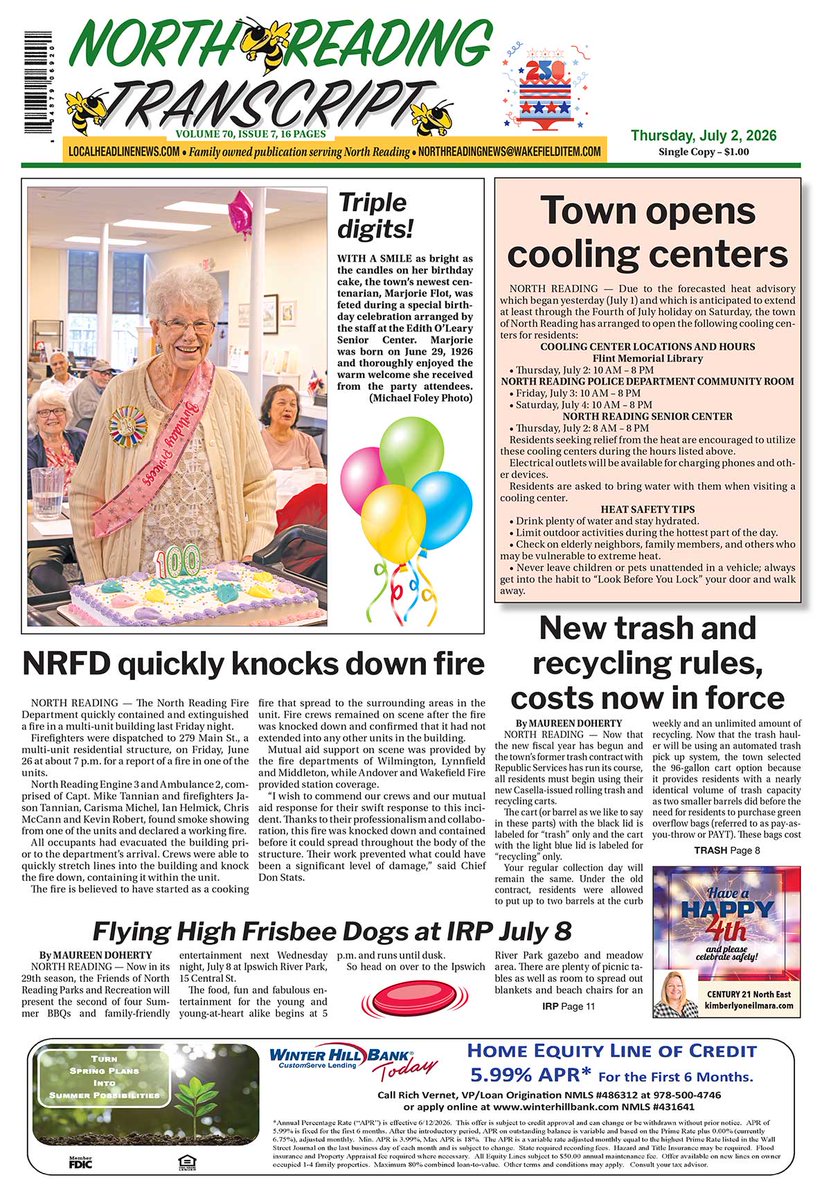 nrtranscript's tweet photo. Front page and lead sports page published July 2, 2026 #nrtranscript #NorthReadingMA https://t.co/I17W0GyjYY