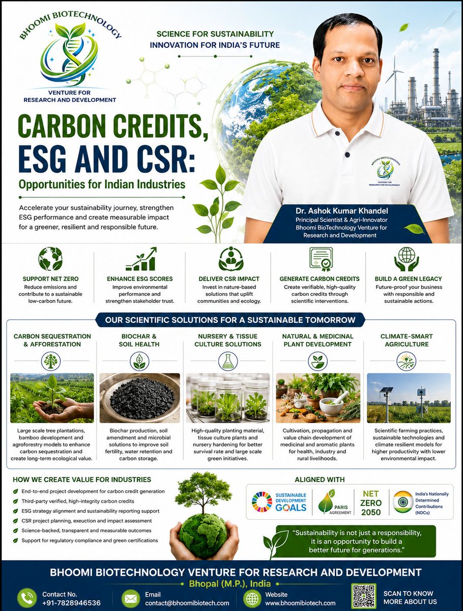 BhoomiBioTechX's tweet photo. Carbon credits, ESG and CSR can help Indian industries reduce emissions, strengthen communities and create measurable environmental value through biochar, afforestation and climate-smart agriculture.

#CarbonCredits #ESG #CSRIndia #MoEFCC #BEEIndia https://t.co/u1bsnuJ3p7