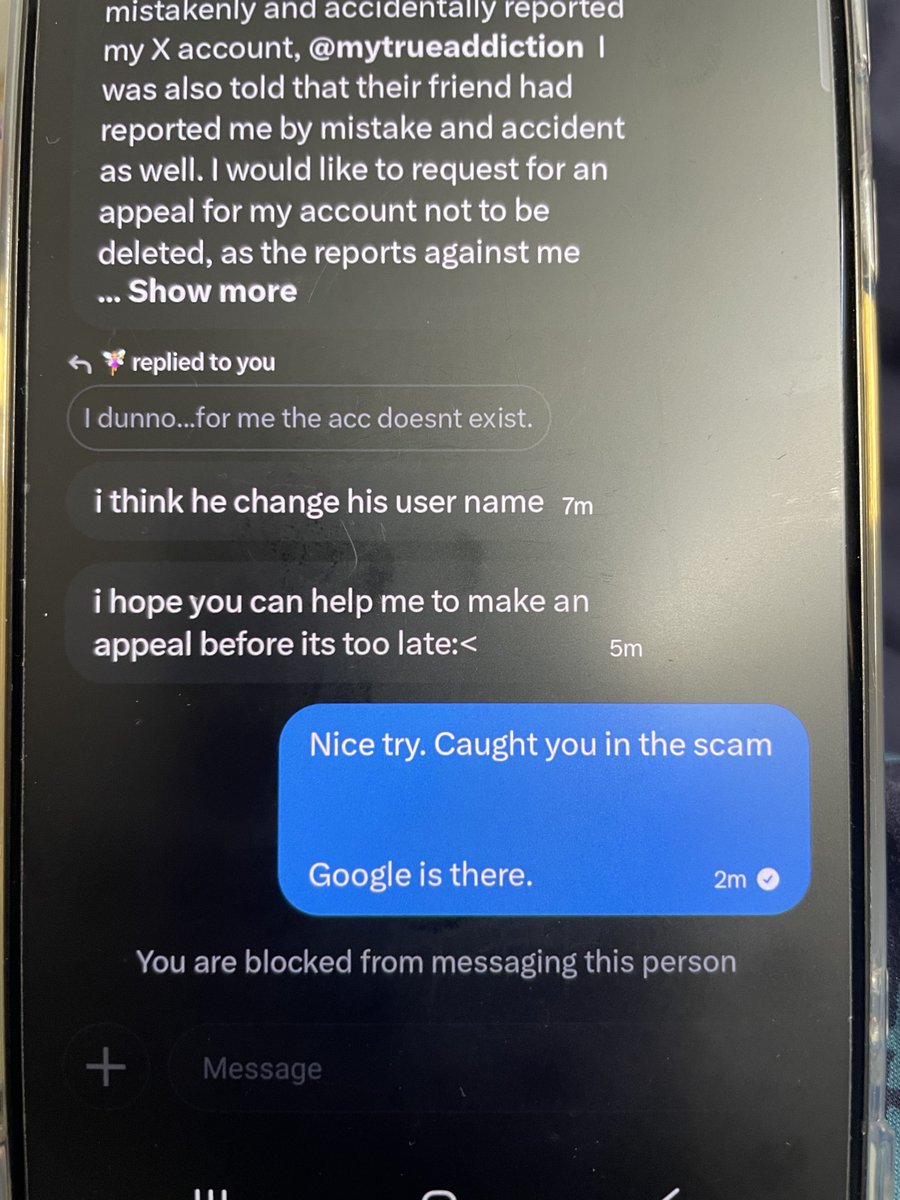 mytrueaddiction's tweet photo. 🚨 HACKED DM SCAM 🚨

To anyone who knows @seungzz117 please let her know her acc has been hacked and used for a dm scam ‼️ i just did a google search as it was sus for me and discovered its a running scam scheme whr mutuals suddenly dm claiming to accidently report your acc and need to contact X support team via discord 😡

ITS A SCAM PPL 🙏🏻 i was immediately blocked after i called them out. And lookout for your moots in case their acc had been taken over with no warning 😱