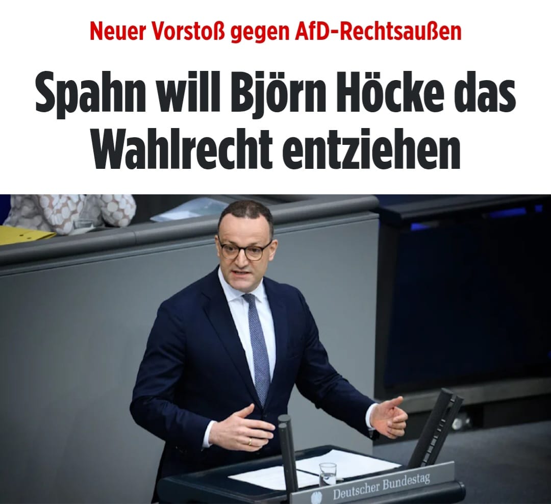 TimKoffiziell's tweet photo. Was darf Satire?

Ausgerechnet der Masken-Profi, Bilderberg-Günstling, unbeliebteste Politiker Deutschlands und ehemalige Multimillionen-Villa-Besitzer #Spahn (mit einem kleinen Ministergehalt) will einem politischen Kontrahenten das Wahlrecht entziehen?

Der Grund ist einfach:

Weil die #AfD die einzige Partei ist, die Ermittlungsverfahren und Untersuchungsausschüsse gegen ihn anstreben wird.

Damit endlich die Handschellen klicken!