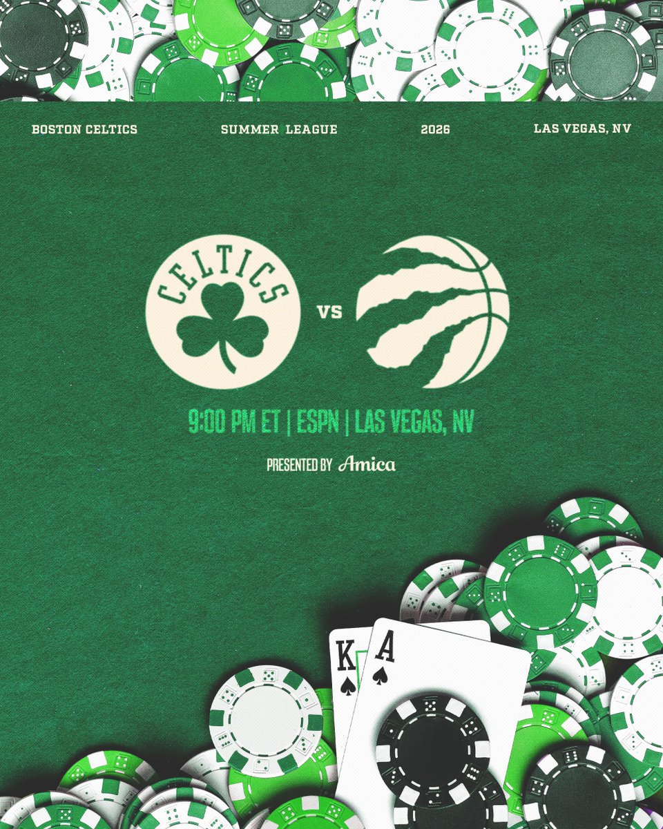 celtics's tweet photo. Friday night out in Vegas 👀

🆚 @Raptors 
⏰ 9:00 PM ET 
📺 @espn 

#SummerCeltics ☀️☘️ https://t.co/lx9r1VtAWX