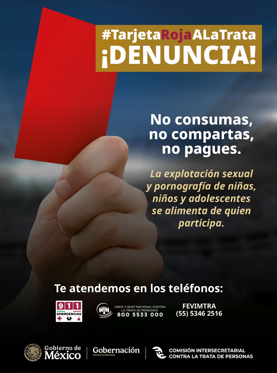 SEBIEN_cdmx's tweet photo. El fútbol nos une, el respeto nos fortalece.⚽

Durante el Mundial 2026 hagamos equipo para prevenir y denunciar cualquier forma de explotación de personas. La trata vulnera derechos y atenta contra la dignidad humana. 

¡Actúa y denuncia!

#TarjetaRojaALaTrata https://t.co/7Y8krezoR9
