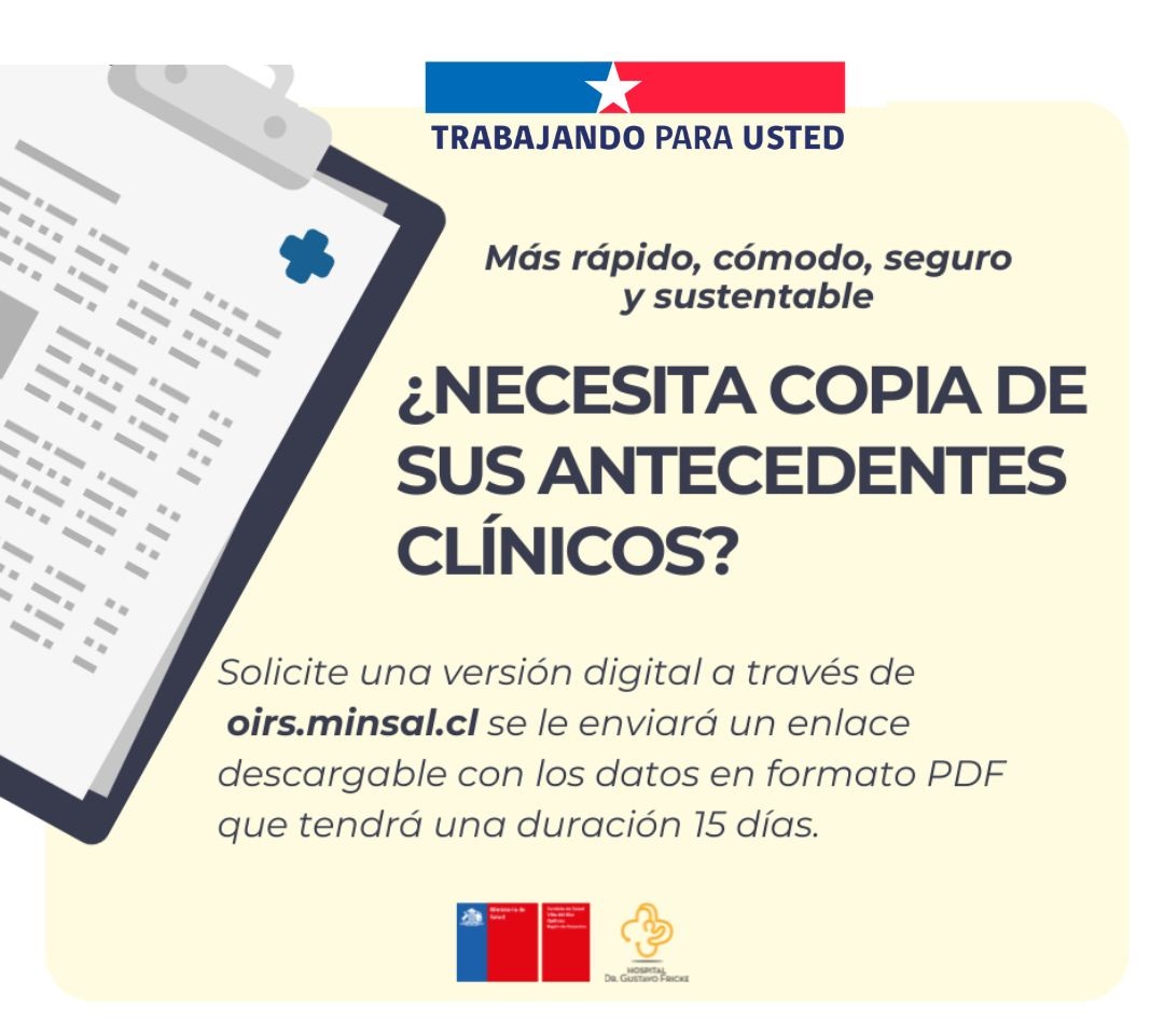 Hospitalfricke's tweet photo. 🏥 Con el fin de facilitar la entrega de antecedentes clínicos a los usuarios y usuarias, el Hospital Dr. Gustavo Fricke pone a su disposición la entrega virtual de éstos a través de https://t.co/4dI1lsl7K1 ✅ https://t.co/mO8kfHrwvJ