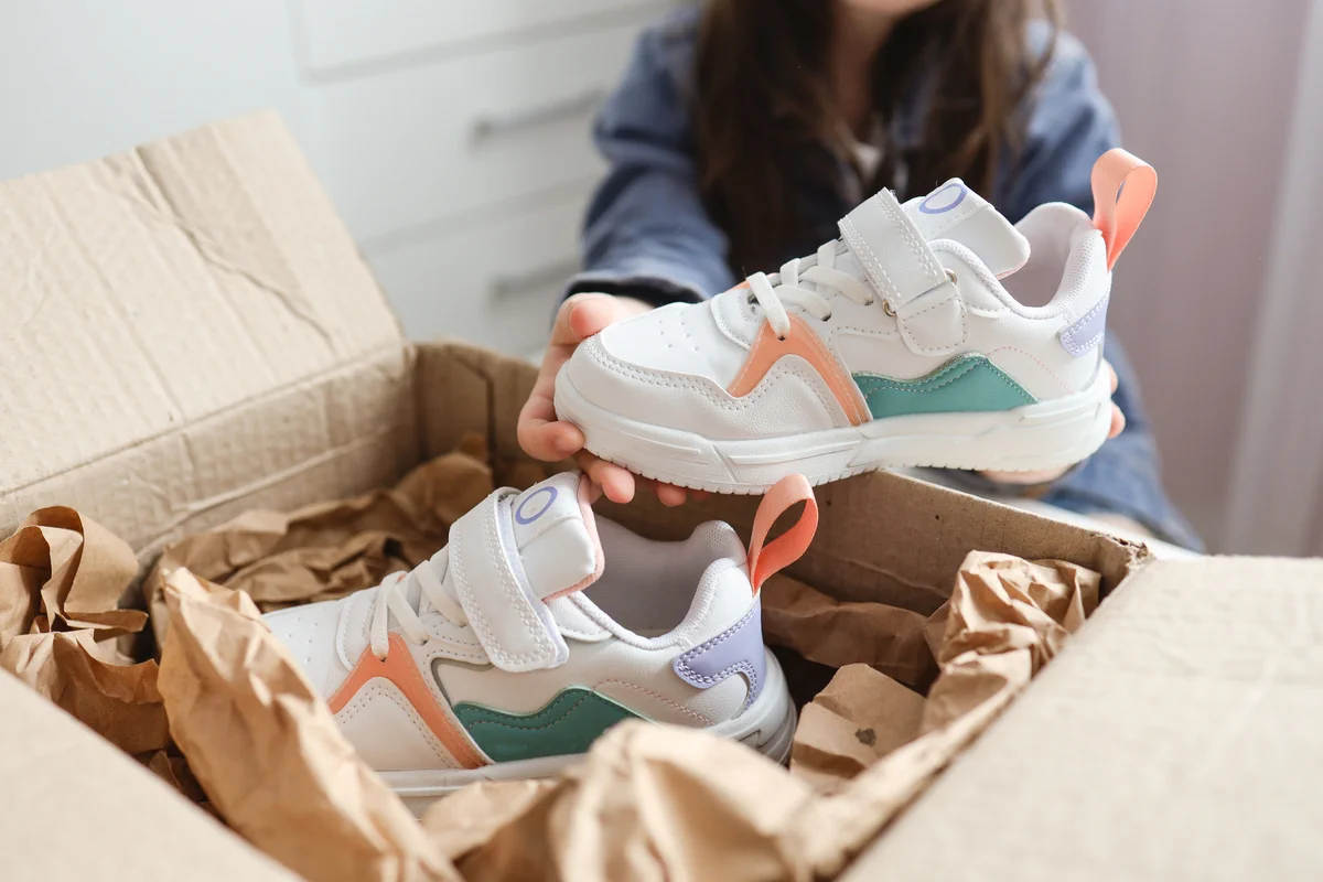 Child holding a new white sneaker with pastel orange and teal accents, taken from a cardboard box filled with crumpled packing paper.