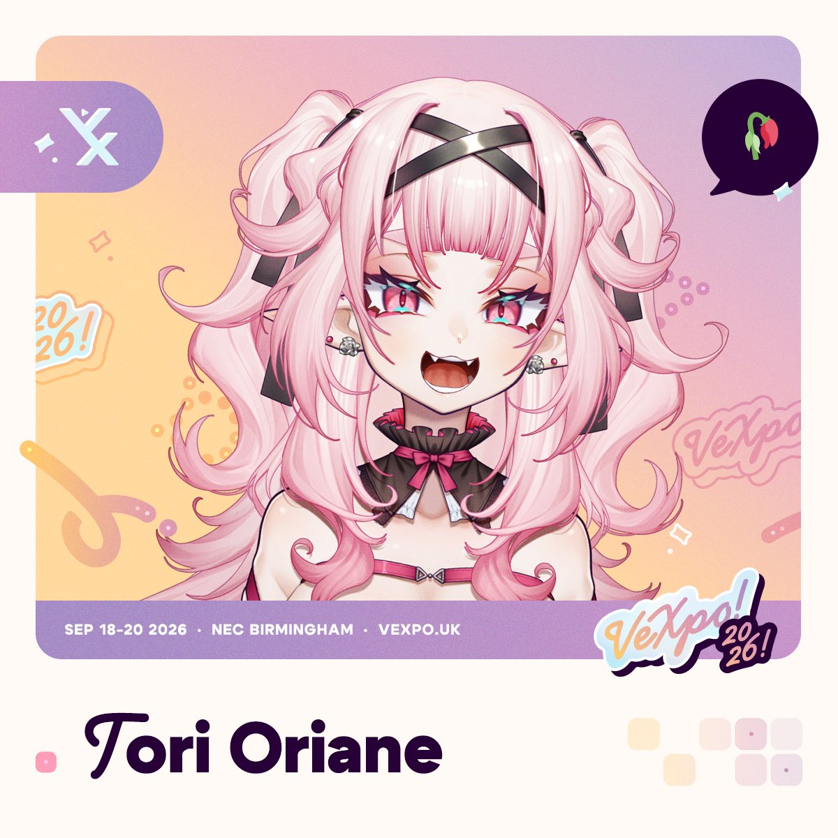 Vtuber_Expo's tweet photo. [Talent announcement]

Check this next vtuber out on the flip-side… of life! 🥀 

Tori Oriane (@Torioriane) will be sinking into the depths of VeXpo 2026! If you find yourself wandering the underworld, let this pretty pink gargoyle guide the way to Birmingham!

Any Swimmers with an Obol or two to spare should wait on the docks of our socials for more information… 🪙 

#VeXpo2026