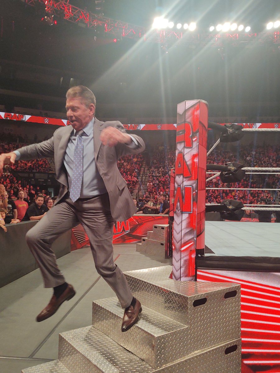 FadeAwayMedia's tweet photo. It’s actually hilarious that the final image of Vince McMahon on WWE TV is him randomly jumping off the steel steps 😭 https://t.co/0ECnDMXyKm