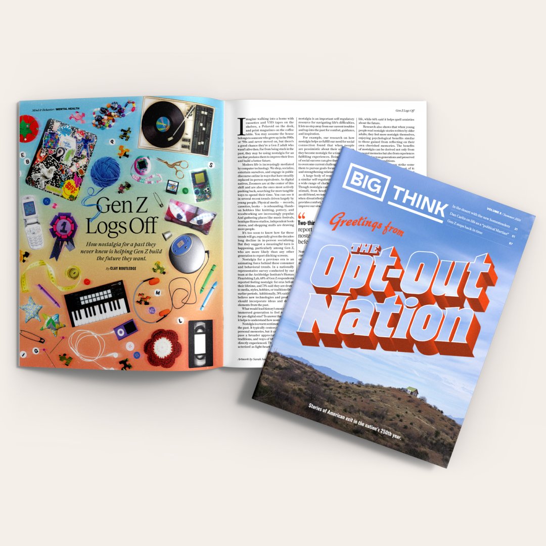 clayroutledge's tweet photo. Gen Z is not opting out of modernity. It is opting out of the assumption that the digital world must consume the analog one. I'm so honored to be part of the @bigthink Opt-Out Nation issue, available online and in print. https://t.co/5wemCozngU https://t.co/WfFXiE82bU