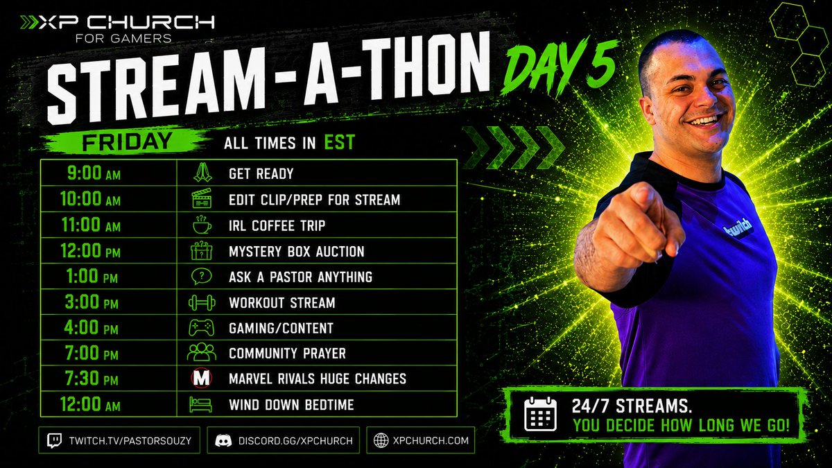 PastorSouZy's tweet photo. STREAM-A-THON DAY 5 CONTINUES!

Ask a Pastor Anything 1pm ET

HUGE Marvel Rivals Changes 7:30pm ET https://t.co/rbZRQfABMZ