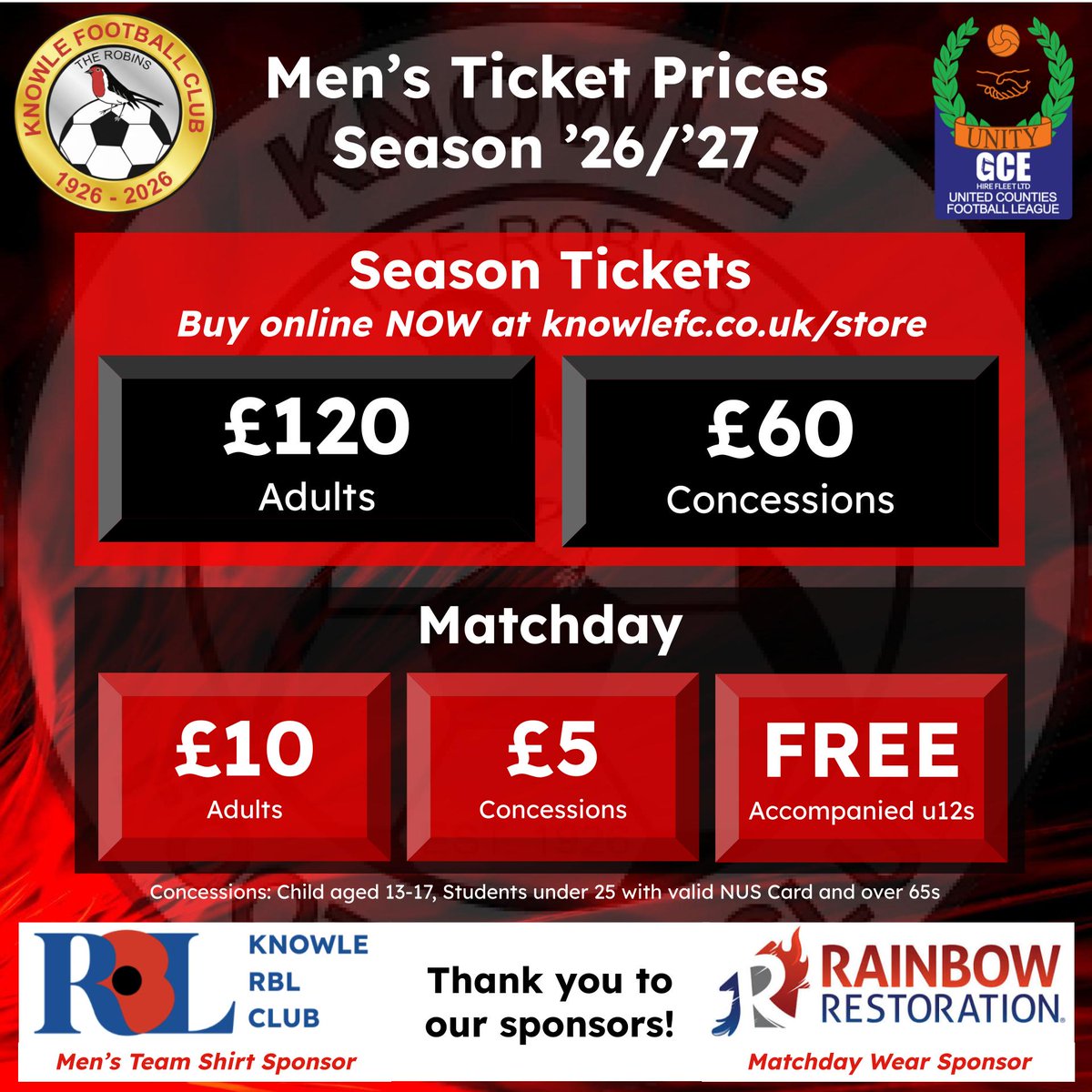 Knowle_FC's tweet photo. ๐ด SEASON TICKETS ON SALE NOW! ๐ด
Get behind the Robins for the '26/'27 season! Secure your Menโs First Team Season Ticket online today.
๐ซ Adults: ยฃ120
๐ซ Concessions: ยฃ60
Buy yours here ๐
https://t.co/qMV2rm3XW7
#KnowleFC #TheRobins #NonLeague https://t.co/C9GPdLmtZY