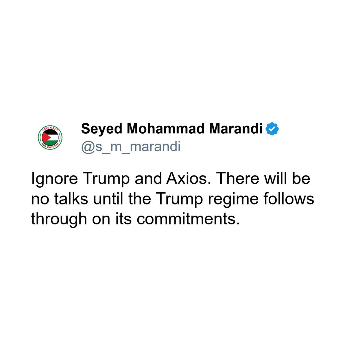 TheCradleMedia's tweet photo. Iranian academic Dr. @s_m_marandi:

"Ignore Trump and Axios. There will be no talks until the Trump regime follows through on its commitments."

This commentary from Dr. Marandi comes after US President Trump claimed on Truth Social that "The Islamic Republic of Iran has asked us to continue 'talks'" and that he "agreed to do so."