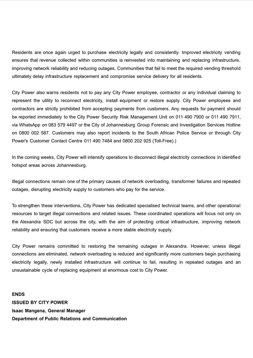 CityPowerJhb's tweet photo. #CityPowerUpdates #CityPowerOutages #AlexandraSDC 

Alexandra remains under pressure as electricity infrastructure battles repeated failures. ^ZD https://t.co/qcLvaxTcXu