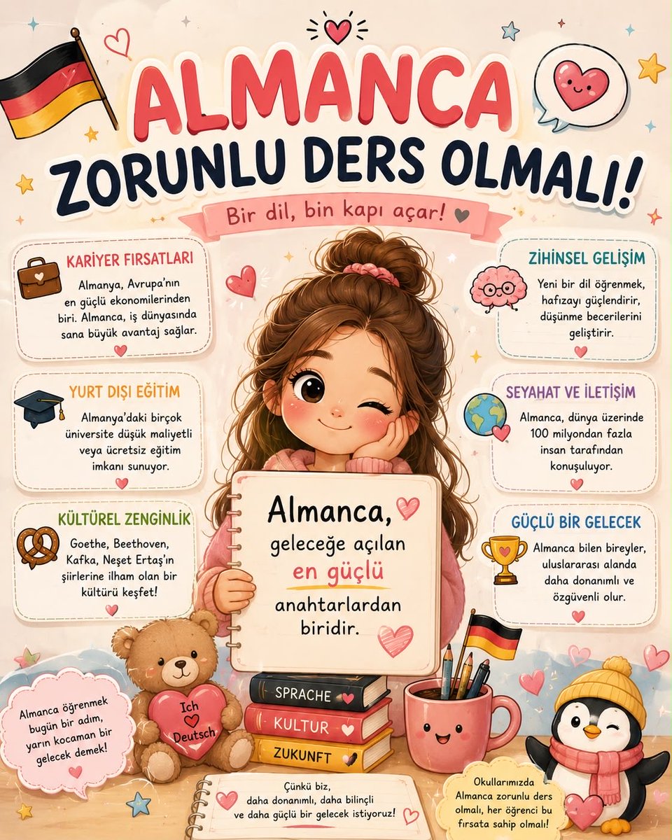 TemelKonuk's tweet photo. Dünyanın en çok konuşulan bilim, ticaret ve teknoloji dillerinden biri olan Almanca, liselerde keyfi bir seçmeli ders olamaz. Öğrencilerin nitelikli dil eğitimi hakkı ellerinden alınmamalıdır! Alamanca liselerde yeniden zorunlu olmalıdır. 

@Yusuf__Tekin @tcmeb @CBegitimogretim @mebabdigm @cemgencoglu @meb_ttkb @cengizmete @meb_ogm @ebubekirsavasci @mebtegm 
@cftcblnt @mebpgm @CihadDemirli @farukyelkenci @arzuerdemtc @meryemgoka @latifselvi42

#AlmancaZorunluOlsun