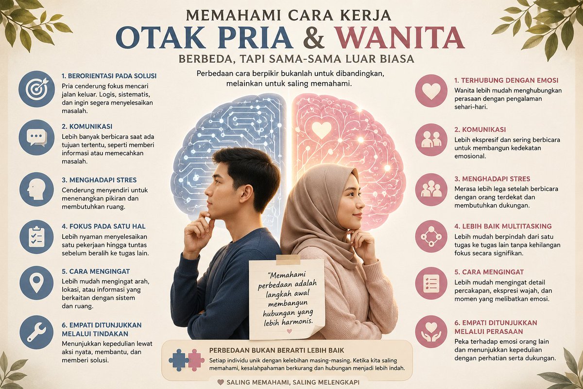 Alishba_Al's tweet photo. Memahami Cara Kerja Otak Pria dan Wanita: Mengapa Cara Berpikir Mereka Sering Berbeda?

Pernahkah kamu merasa bingung mengapa pria dan wanita terkadang merespons situasi yang sama dengan cara yang sangat berbeda?

Misalnya, ketika menghadapi masalah, seorang pria cenderung diam dan mencari solusi sendiri. Sementara itu, seorang wanita lebih memilih bercerita kepada orang yang dipercaya. Perbedaan ini sering kali menimbulkan kesalahpahaman.

Padahal, banyak penelitian di bidang neurosains dan psikologi menunjukkan bahwa sebagian perbedaan tersebut berkaitan dengan cara kerja otak, meskipun tentu saja pengalaman hidup, pendidikan, budaya, dan kepribadian juga memiliki pengaruh yang sangat besar.

 1. Otak Pria Lebih Berorientasi pada Solusi

Ketika menghadapi masalah, banyak pria secara alami mencoba mencari jalan keluar secepat mungkin.

Mereka sering berpikir secara logis, sistematis, dan fokus pada penyelesaian. Karena itu, ketika seseorang menceritakan masalah, respons pertama mereka sering kali berupa saran atau solusi.

Bukan berarti mereka tidak peduli, tetapi itulah cara mereka menunjukkan perhatian.

 2. Otak Wanita Lebih Terhubung dengan Emosi

Wanita umumnya lebih mudah menghubungkan perasaan dengan pengalaman sehari-hari.

Saat menghadapi masalah, banyak wanita merasa lebih lega setelah didengarkan dan dipahami terlebih dahulu sebelum mencari solusi.

Karena itu, terkadang yang mereka butuhkan bukan jawaban, melainkan seseorang yang mau mendengarkan dengan tulus.

## 3. Komunikasi yang Berbeda

Secara rata-rata, wanita cenderung lebih ekspresif dalam berbicara.

Mereka sering menggunakan percakapan sebagai cara membangun kedekatan emosional.

Sebaliknya, pria lebih sering berbicara ketika memiliki tujuan tertentu, misalnya menyampaikan informasi atau memecahkan masalah.

Inilah sebabnya mengapa wanita terkadang merasa pria terlalu pendiam, sedangkan pria merasa wanita terlalu banyak membahas suatu hal.

 4. Cara Menghadapi Stres

Saat mengalami tekanan, banyak pria memilih menyendiri untuk menenangkan pikiran.

Mereka membutuhkan ruang agar dapat berpikir dengan jernih.

Sebaliknya, banyak wanita merasa lebih baik setelah berbicara dengan teman, pasangan, atau keluarga.

Kedua cara tersebut sama-sama normal dan dapat membantu mengurangi stres.

5. Kemampuan Multitasking

Beberapa penelitian menunjukkan bahwa wanita, secara rata-rata, lebih baik dalam berpindah dari satu tugas ke tugas lainnya tanpa kehilangan fokus secara signifikan.

Sementara itu, pria cenderung lebih nyaman menyelesaikan satu pekerjaan hingga tuntas sebelum beralih ke tugas berikutnya.

Namun, kemampuan ini sangat dipengaruhi oleh latihan, pengalaman, dan jenis pekerjaan yang dilakukan.

6. Cara Mengingat

Wanita sering kali lebih mudah mengingat detail percakapan, ekspresi wajah, maupun momen yang melibatkan emosi.

Pria umumnya lebih mudah mengingat arah, lokasi, atau informasi yang berkaitan dengan sistem dan ruang.

Perbedaan ini tidak berlaku pada semua orang, tetapi cukup sering ditemukan dalam berbagai penelitian.

 7. Empati

Secara rata-rata, wanita memiliki kemampuan mengenali ekspresi wajah dan emosi orang lain sedikit lebih tinggi.

Sementara itu, pria sering menunjukkan kepedulian melalui tindakan nyata, misalnya membantu menyelesaikan masalah atau memberikan perlindungan.

Keduanya merupakan bentuk empati, hanya cara mengekspresikannya berbeda.

Perbedaan Bukan Berarti Lebih Baik

Hal yang paling penting untuk dipahami adalah bahwa tidak ada otak yang lebih hebat.

Otak pria dan wanita sama-sama luar biasa dengan keunggulan masing-masing.

Banyak pria memiliki empati yang tinggi dan pandai berkomunikasi.

Sebaliknya, banyak wanita sangat logis dan hebat dalam memecahkan masalah.

Artinya, setiap individu adalah unik. Faktor pendidikan, lingkungan, pengalaman hidup, serta kebiasaan memiliki pengaruh yang sama pentingnya dengan faktor biologis.-