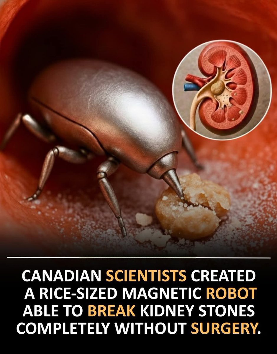 SmartScience's tweet photo. 🩺 Canadian Scientists Build a Rice-Sized Robot That Breaks Kidney Stones — With Almost No Pain

Canadian researchers have developed a tiny magnetic robot—no bigger than a grain of rice—that can travel inside the body and break kidney stones safely, gently, and without surgery.

Instead of shock waves or invasive tools, this mini-robot uses precise magnetic guidance from outside the body. Doctors can steer it through the urinary system in real time, allowing it to reach tight areas normal instruments can’t. Once it reaches the stone, it delivers focused micro-vibrations that shatter it into fine pieces the body can pass naturally.

💡 Why this matters:

◽ Minimal pain
◽ No cuts, no incisions
◽ Faster recovery
◽ Avoids healthy tissue entirely
◽ More precision than traditional treatments

Early tests show patients experience far less discomfort because the robot targets only the stone—and nothing around it. This approach could transform kidney-stone treatment and open the door to a new era of soft, gentle, internal robotic medicine.

If upcoming trials confirm the early success, this tiny device could help millions of people avoid painful procedures every year.