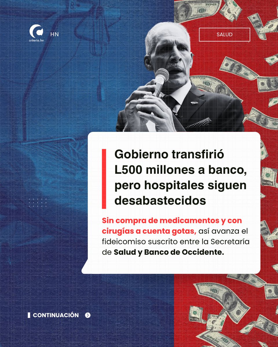 criteriohn's tweet photo. Gobierno transfirió L500 millones a banco, pero hospitales siguen desabastecidos 🏥💰

El fideicomiso suscrito el 19 de marzo entre la Secretaría de Salud y Banco de Occidente avanza en medio de cuestionamientos. Aunque el Gobierno transfirió L500 millones, persisten las denuncias por la falta de medicamentos y la realización limitada de cirugías en los hospitales públicos. 💊⚠️

👉 Lee todo en esta serie de imágenes.

#Honduras #Salud #Hospitales #Medicamentos #Actualidad 🏥🚨💊