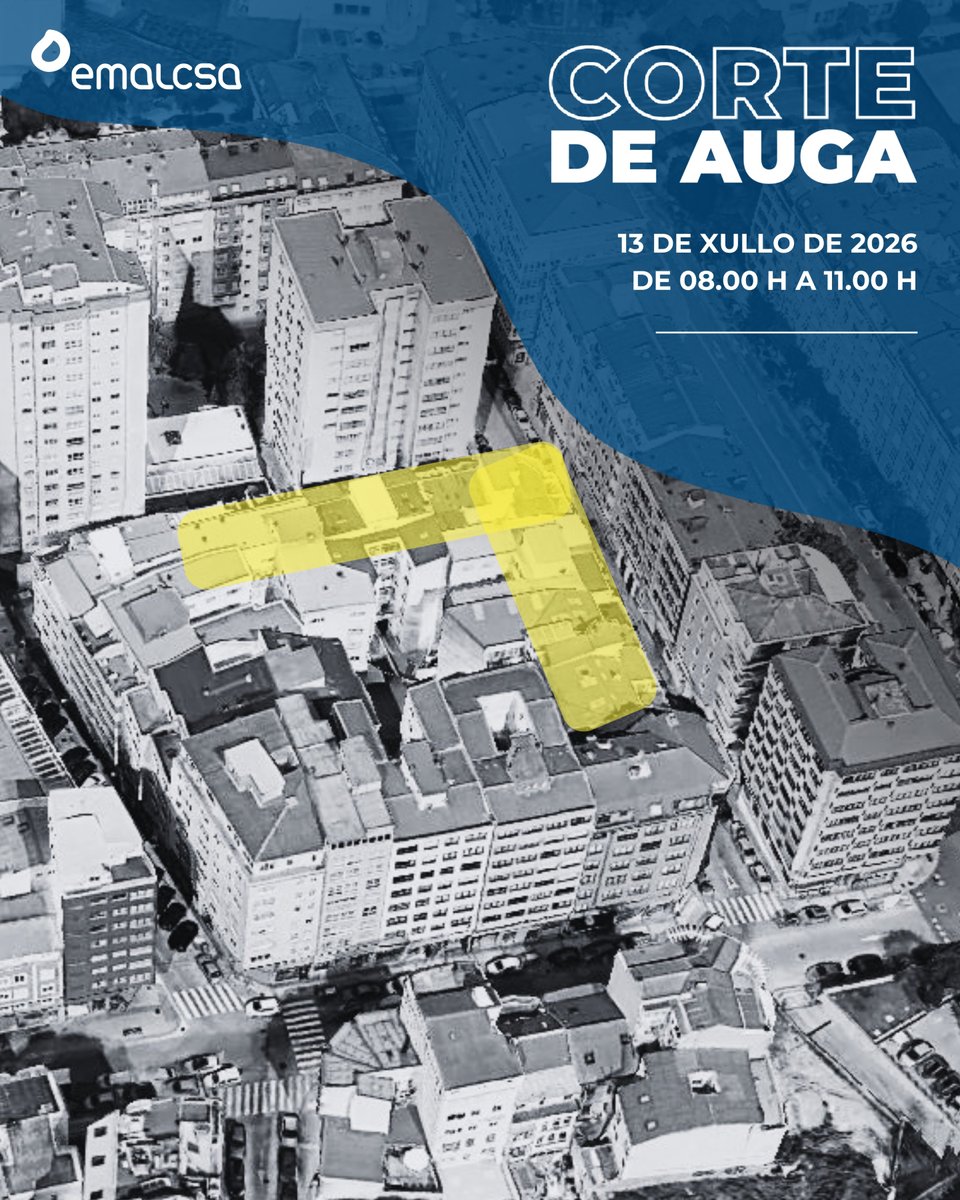 emalcsa's tweet photo. ⚠️ AVISO CORTE DE AUGA

🚰 O luns, 13 de xullo, haberá un corte na subministración de auga, de 8.00 a 11.00 horas, que afectará á rúa Arquitecto Rey Pedreira.

👉 A intervención levarase a cabo por traballos de mellora na rede de abastecemento.

🙏 Desculpade as molestias. https://t.co/QERXeM6qXU