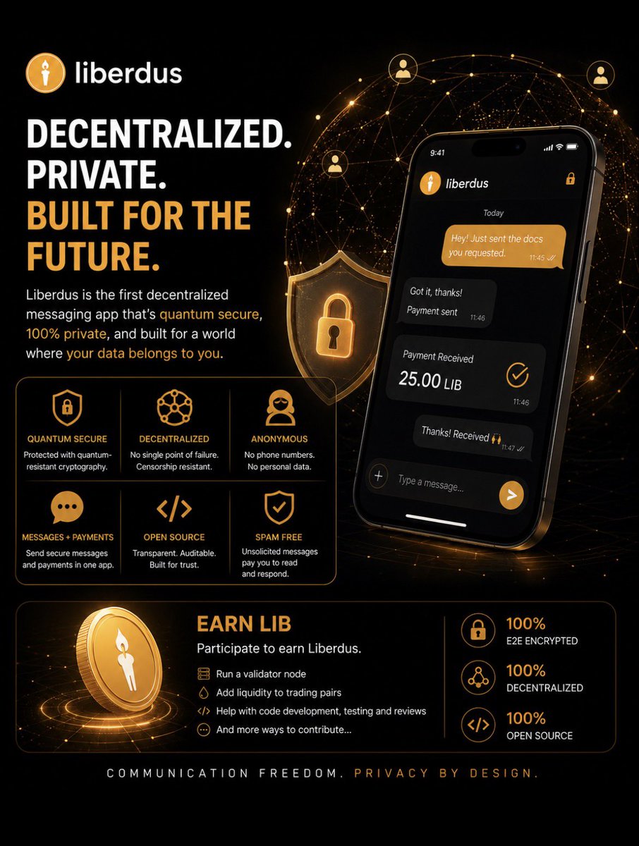 joe_icrypto's tweet photo. I only recently came across @Liberdus, and I have to admit… I wasn’t expecting to spend as much time reading about it as I did.

At first, I thought it was just another decentralized messaging project. Then I realized they’re aiming for something much bigger.

A messaging platform that’s fully decentralized, end-to-end encrypted, quantum-secure, open source, and even lets you send payments, all without needing a phone number or handing over personal information.

That really made me think about how much we’ve normalized giving up privacy just to send a message.

The idea that no single company owns the network or decides who gets access feels like a much more sustainable direction for digital communication.

Whether or not decentralized messaging becomes mainstream tomorrow, I genuinely think projects like Liberdus are building toward a future we’ll eventually appreciate.

Safe, private communication shouldn’t be a premium feature, it should be the standard. And that’s exactly the vision I see behind Liberdus.
