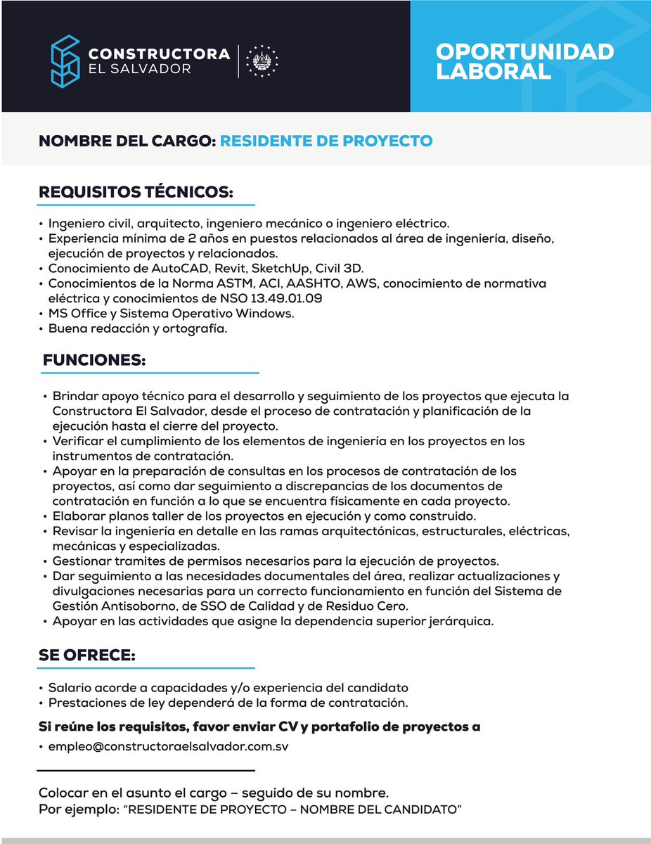 ConstructoraSV's tweet photo. Estamos buscando Residente de proyecto 📥

Si eres ingeniero civil, arquitecto, ingeniero mecánico o ingeniero eléctrico, esta puede ser tu próxima oportunidad. 
Envía tu CV y portafolio de proyectos a:
empleo@costructoraelsalvador.com.sv 

#CES https://t.co/pKG6y541Ss