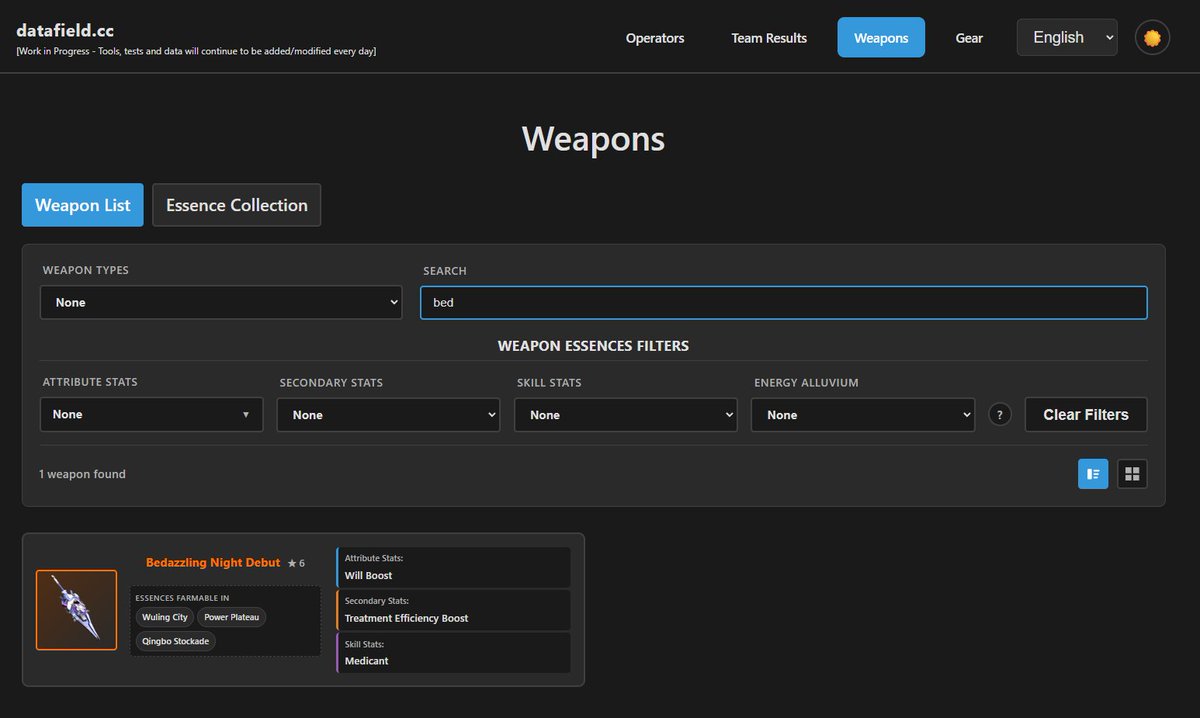 catalystxonline's tweet photo. Added New Weapons on datafield essence filter to help pre/farm for essences #endfield #arknightsendfield 
Names are:
Bedazzling Night Debut (Liino Sig)
Farsight (New 6 Sword)
Golden age (Liino Pass)
Junction Point (Arcane Pass)
Type 42 (Arcane Sig) https://t.co/RoDC8F9Av2