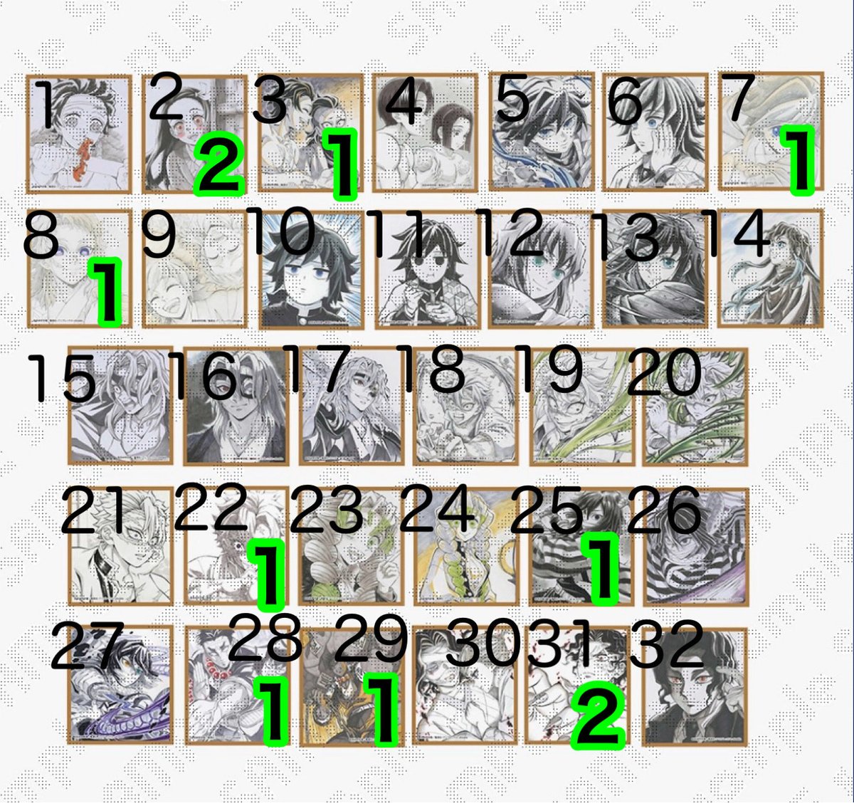 iyokanconan's tweet photo. 譲渡 交換 募集 鬼滅の刃 ツキイチ ６月号
webshopくじ webくじ ufotable ダイニング 柱稽古 
譲…画像D賞 アクリル色紙スタンド(緑の数字がお譲り可能個数です)
求…定価＋送料
立志編、刀鍛冶の里編も別ポストで募集しています。
JR大宮駅お手渡し、郵送可→詳細リプ欄へ https://t.co/kTKfNiCHEk